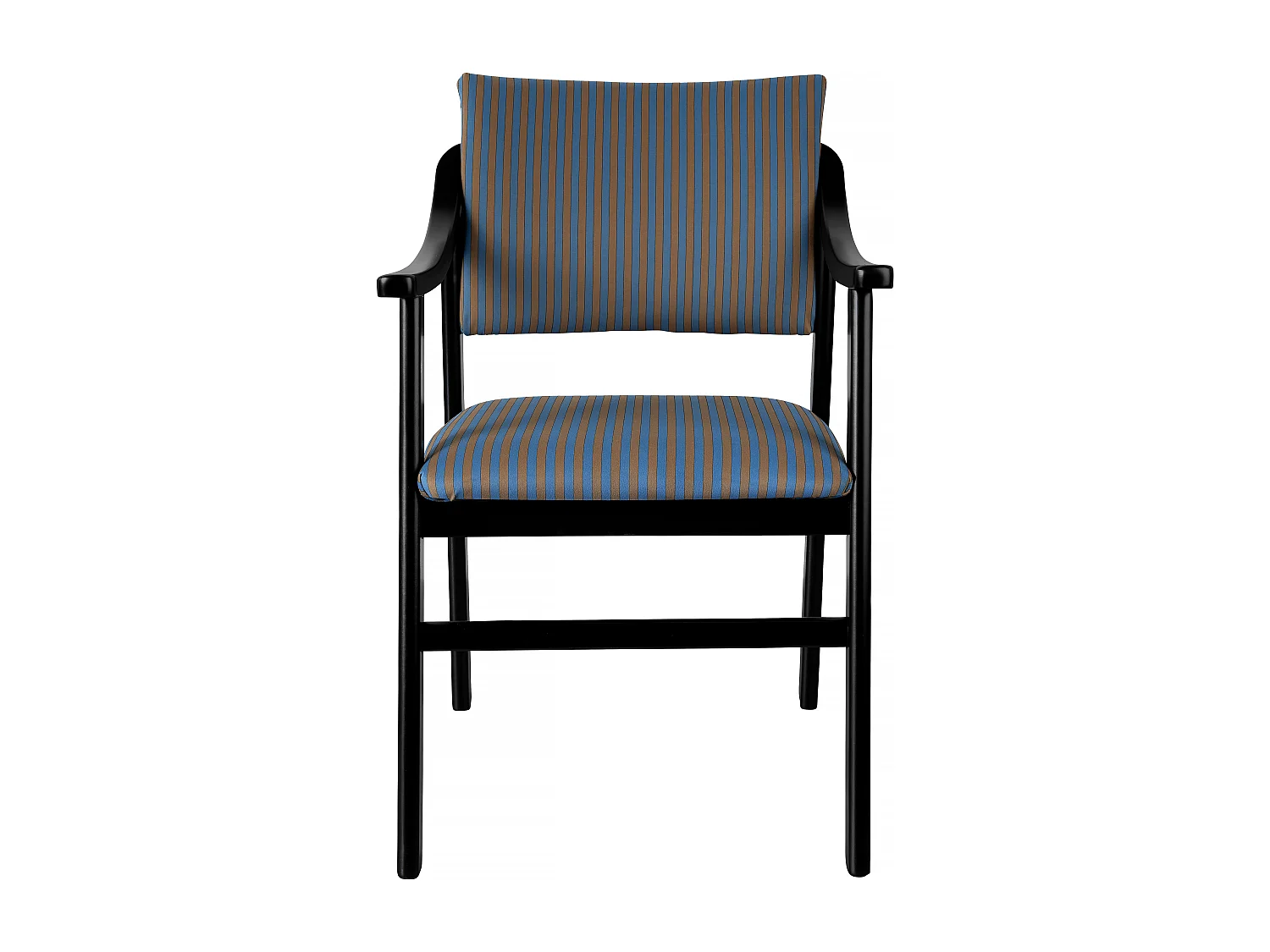 Silla con reposabrazos madera negra y tejido a rayas azules y naranjas ETIENNE