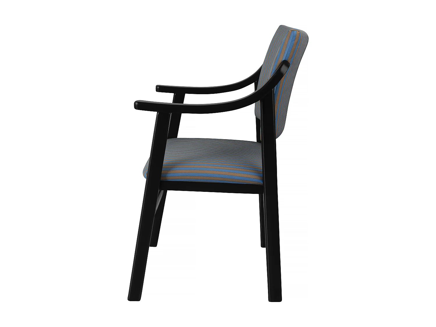 Silla con reposabrazos madera negra y tejido a rayas azules y naranjas ETIENNE