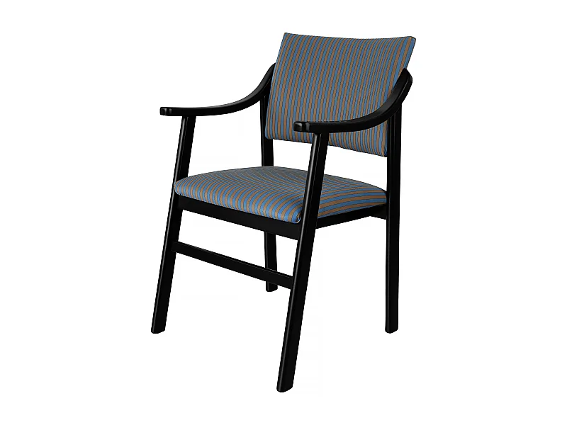 Silla con reposabrazos madera negra y tejido a rayas azules y naranjas ETIENNE