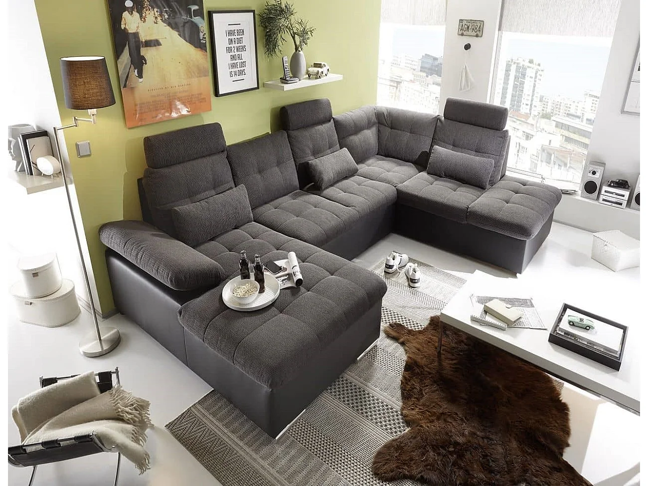 MYHOMELANDO Jakarta Wohnlandschaft – U-Form mit Schlaffunktion und Bettkasten