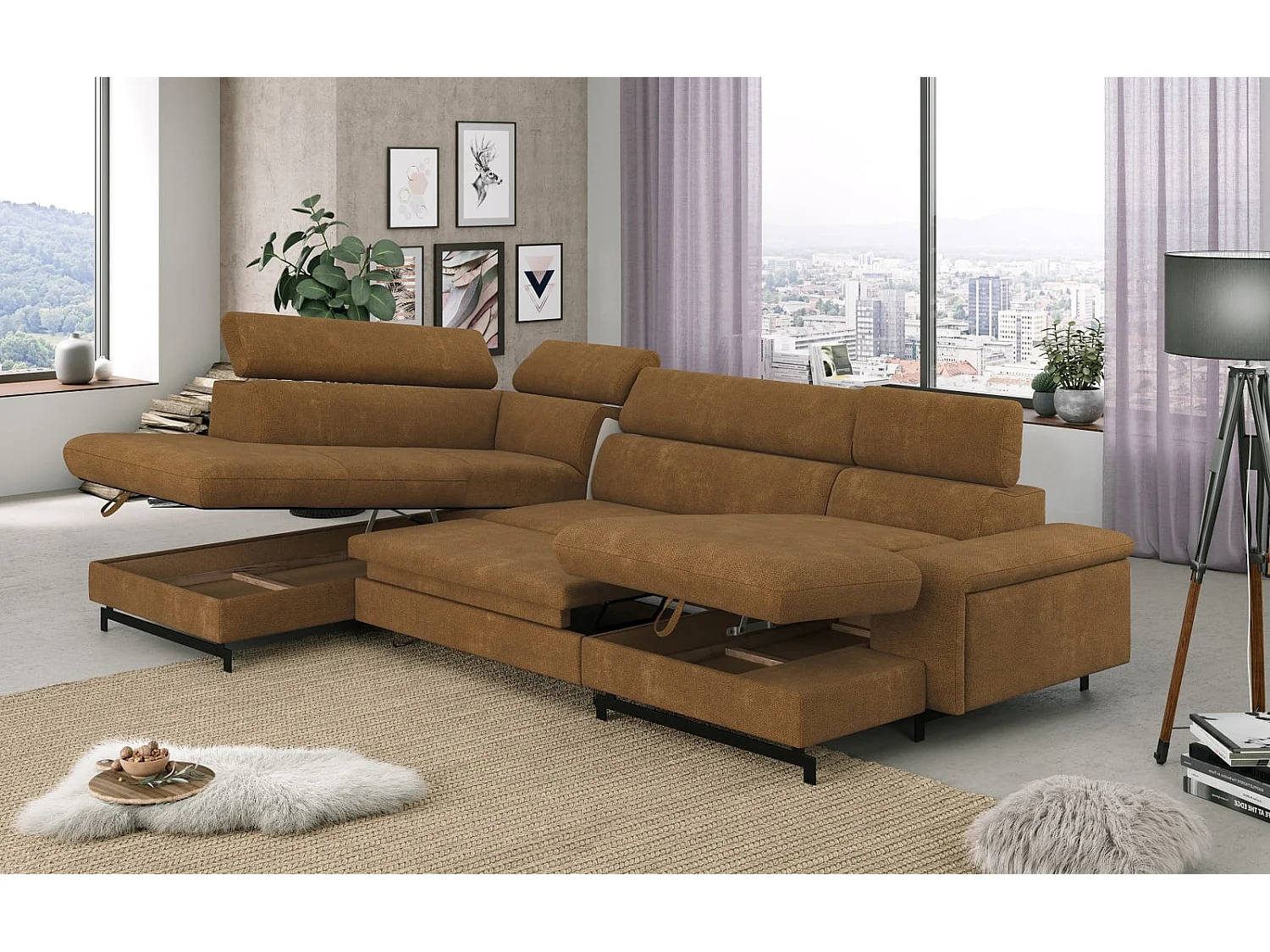 MYHOMELANDO Emma woonlandschap – U-vorm met slaapfunctie en opbergruimte, Orlando-stof