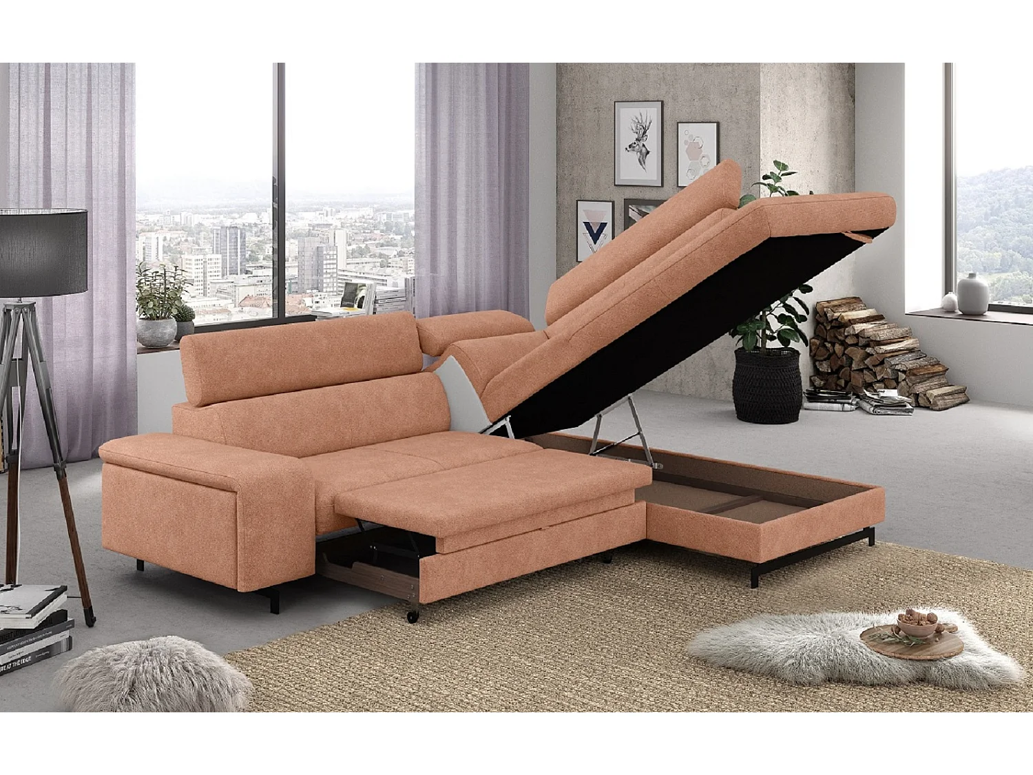 MYHOMELANDO Emma hoekbank – L-vorm met slaapfunctie en opbergruimte, verstelbare hoofdsteunen