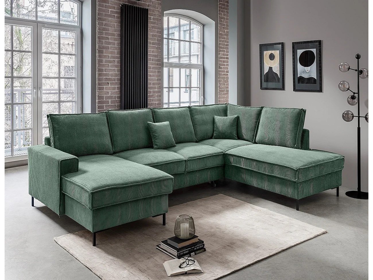 MYHOMELANDO Jerome Wohnlandschaft – U-Form Schlaffunktion und Bettkasten, Cordstoff