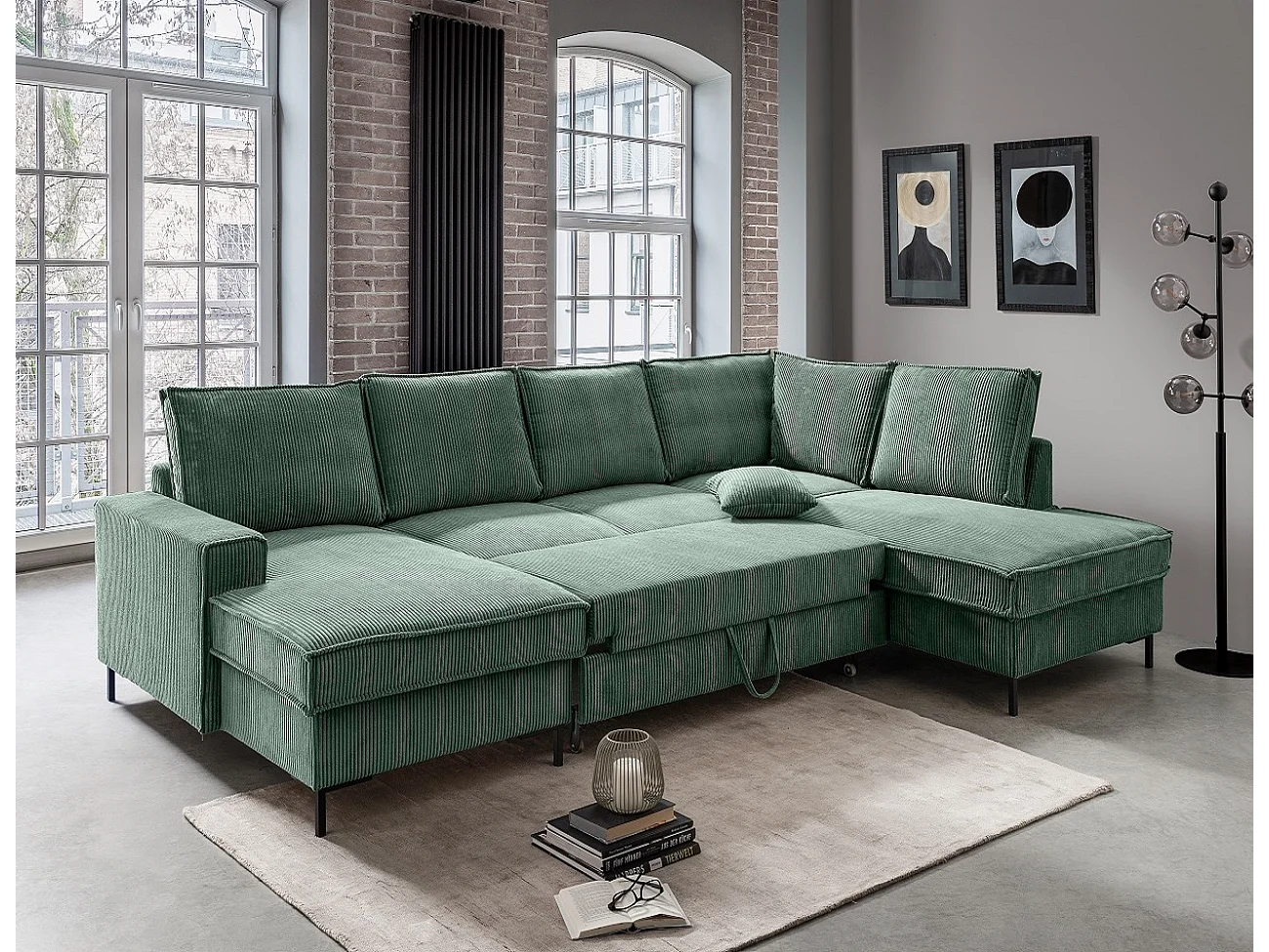 MYHOMELANDO Jerome Wohnlandschaft – U-Form Schlaffunktion und Bettkasten, Cordstoff