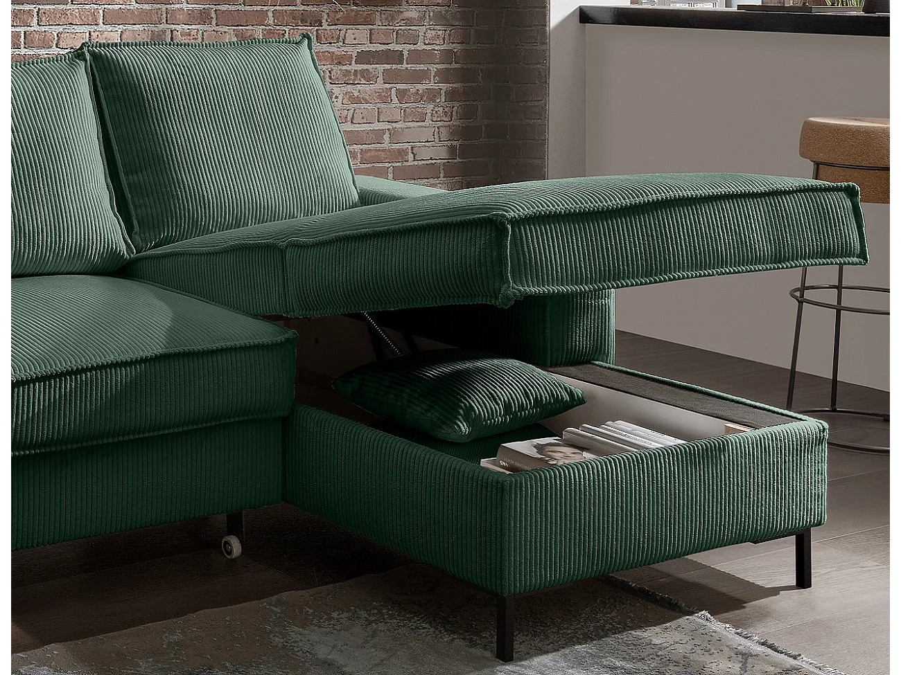 MYHOMELANDO Jerome Wohnlandschaft – U-Form Schlaffunktion und Bettkasten, Cordstoff