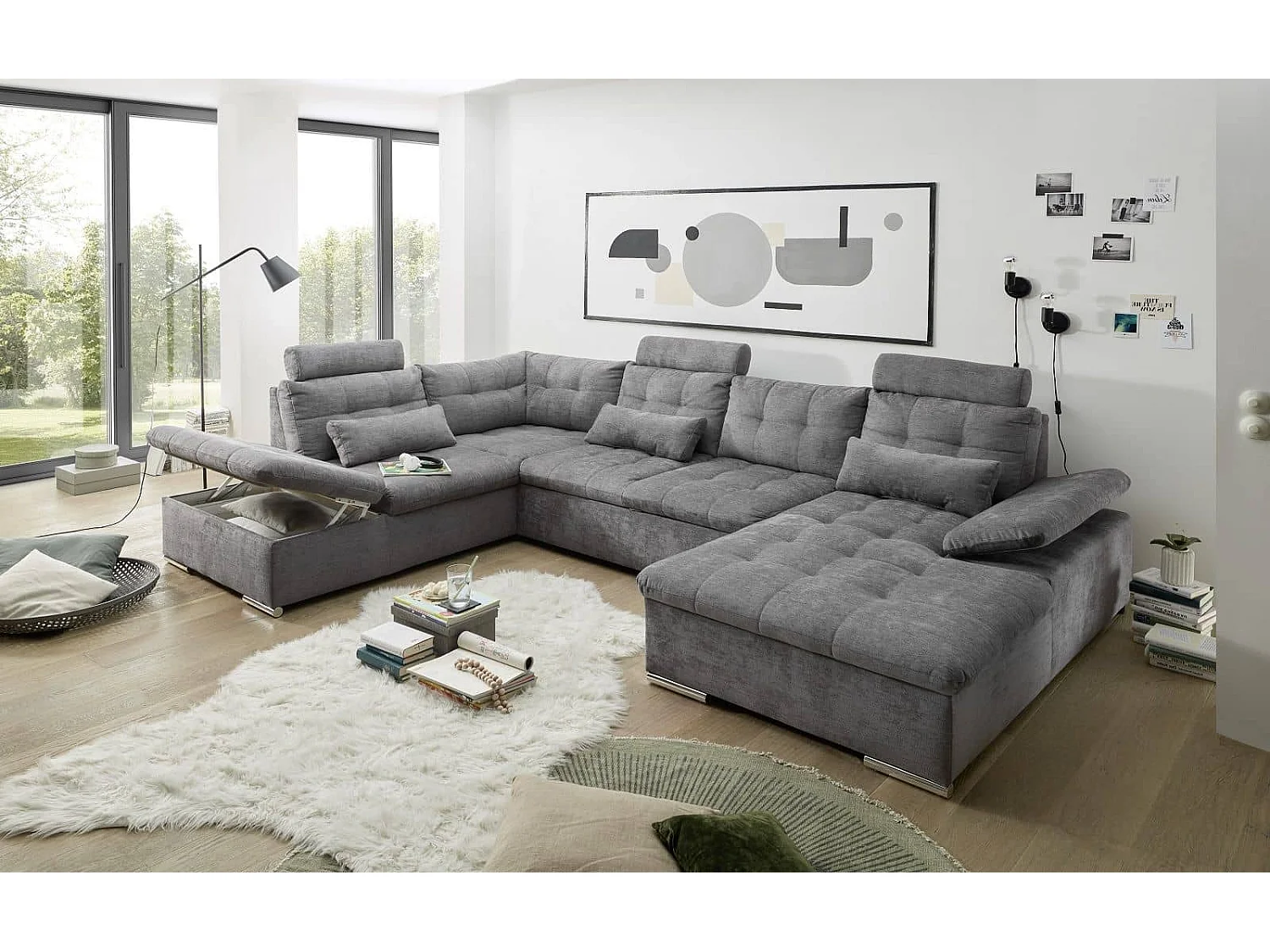 MYHOMELANDO Brest canapé panoramique – forme en U avec fonction couchage et coffre de rangement