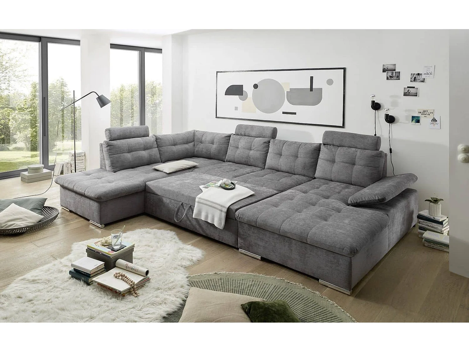 MYHOMELANDO Brest canapé panoramique – forme en U avec fonction couchage et coffre de rangement