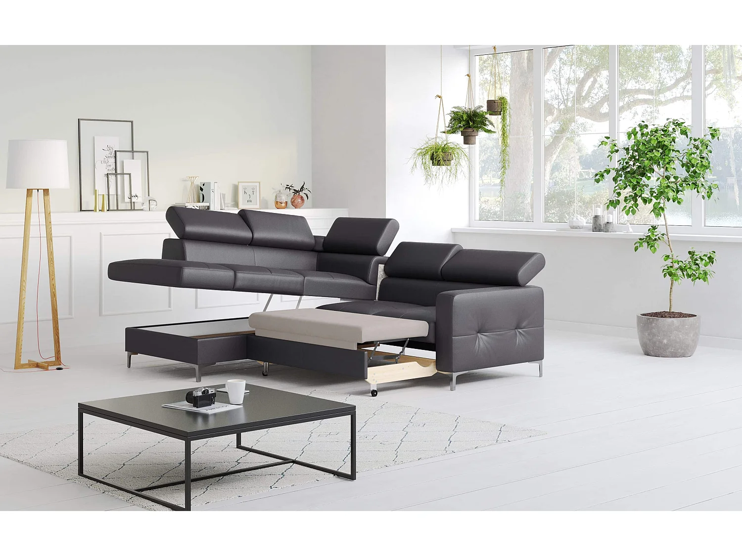 MYHOMELANDO Sammy echt leren hoekbank – L-vorm met slaapfunctie en opbergruimte