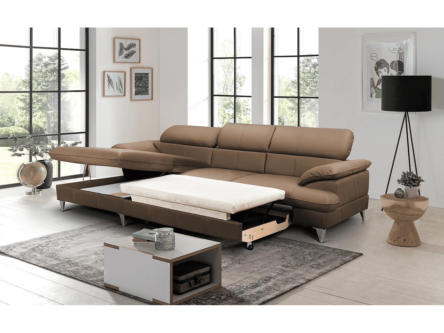 MYHOMELANDO David hoekbank echt leer – L-vorm met slaapfunctie, opbergruimte en verstelbare hoofdsteunen