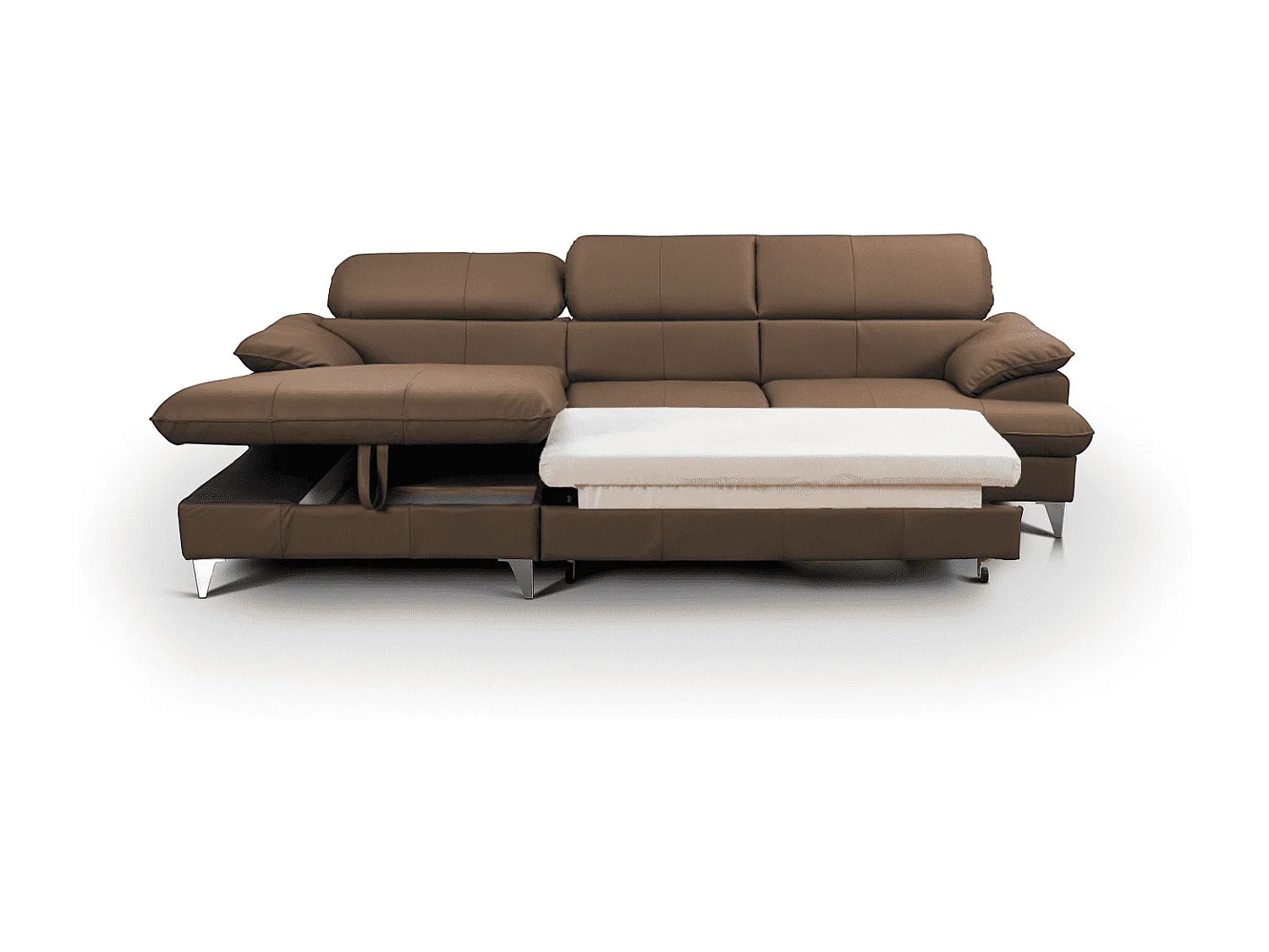 MYHOMELANDO David hoekbank echt leer – L-vorm met slaapfunctie, opbergruimte en verstelbare hoofdsteunen