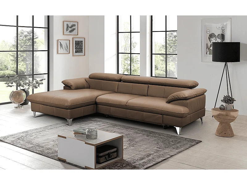 MYHOMELANDO David Ecksofa Echtleder – L-Form mit Schlaffunktion, Bettkasten und verstellbaren Kopfstützen