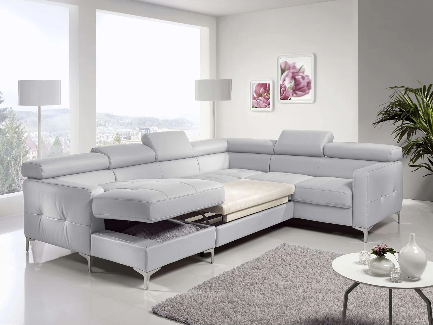 MYHOMELANDO Sammy Echtleder Wohnlandschaft – U-Form mit Schlaffunktion, Bettkasten und verstellbaren Kopfstützen