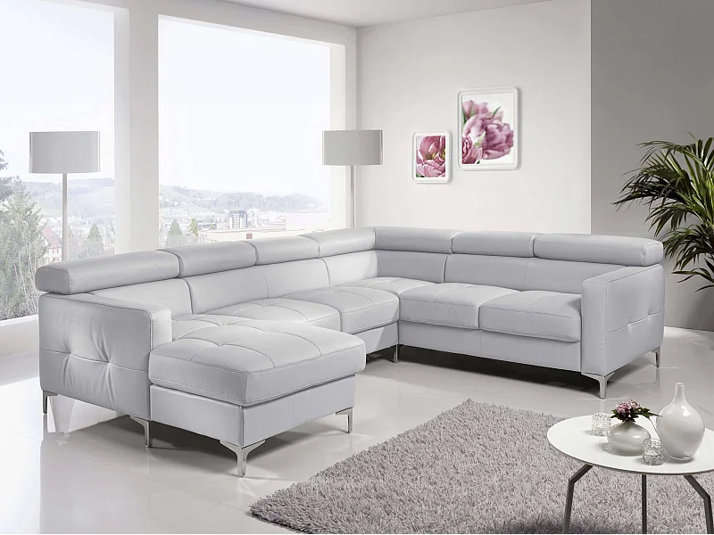 MYHOMELANDO Sammy Echtleder Wohnlandschaft – U-Form mit Schlaffunktion, Bettkasten und verstellbaren Kopfstützen