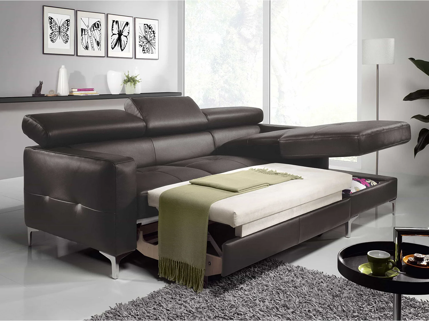 MYHOMELANDO Sammy echt leren hoekbank – L-vorm met recamière, slaapfunctie en opbergruimte