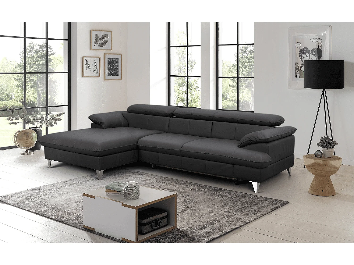 MYHOMELANDO David hoekbank echt leer – L-vorm met slaapfunctie, opbergruimte en verstelbare hoofdsteunen