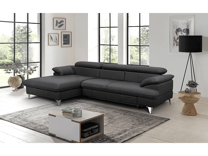 MYHOMELANDO David Ecksofa Echtleder – L-Form mit Schlaffunktion, Bettkasten und verstellbaren Kopfstützen