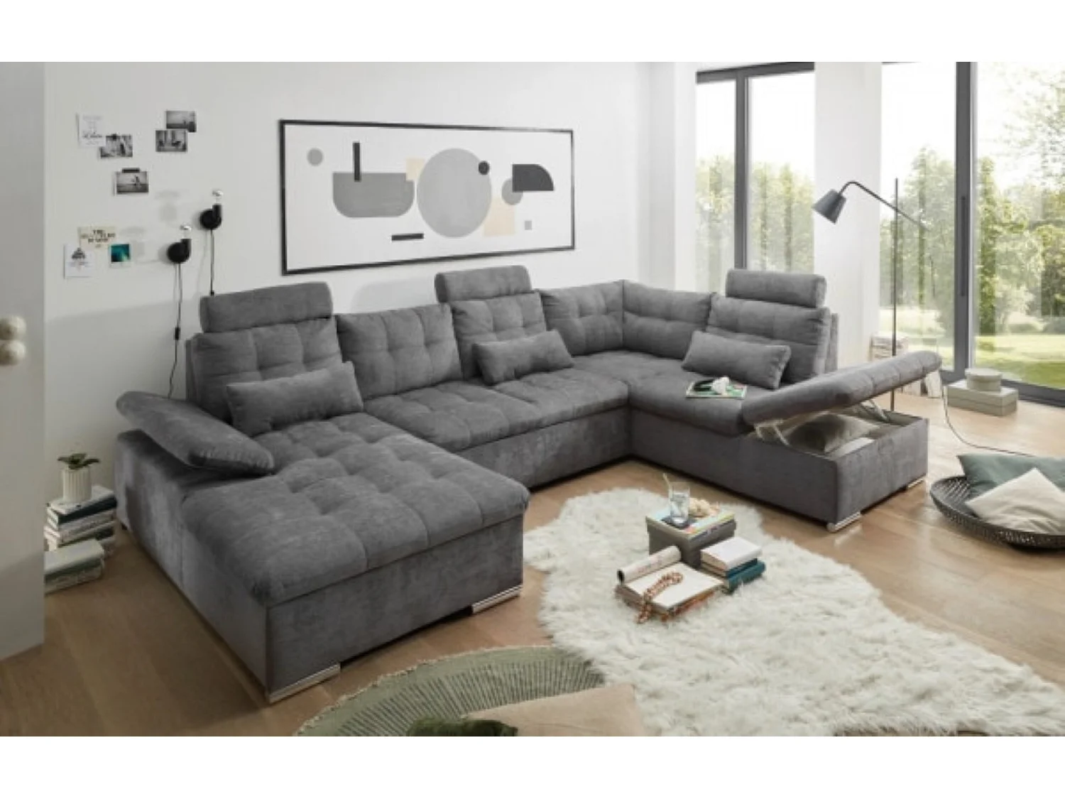 MYHOMELANDO Brest canapé panoramique – forme en U avec fonction couchage et coffre de rangement