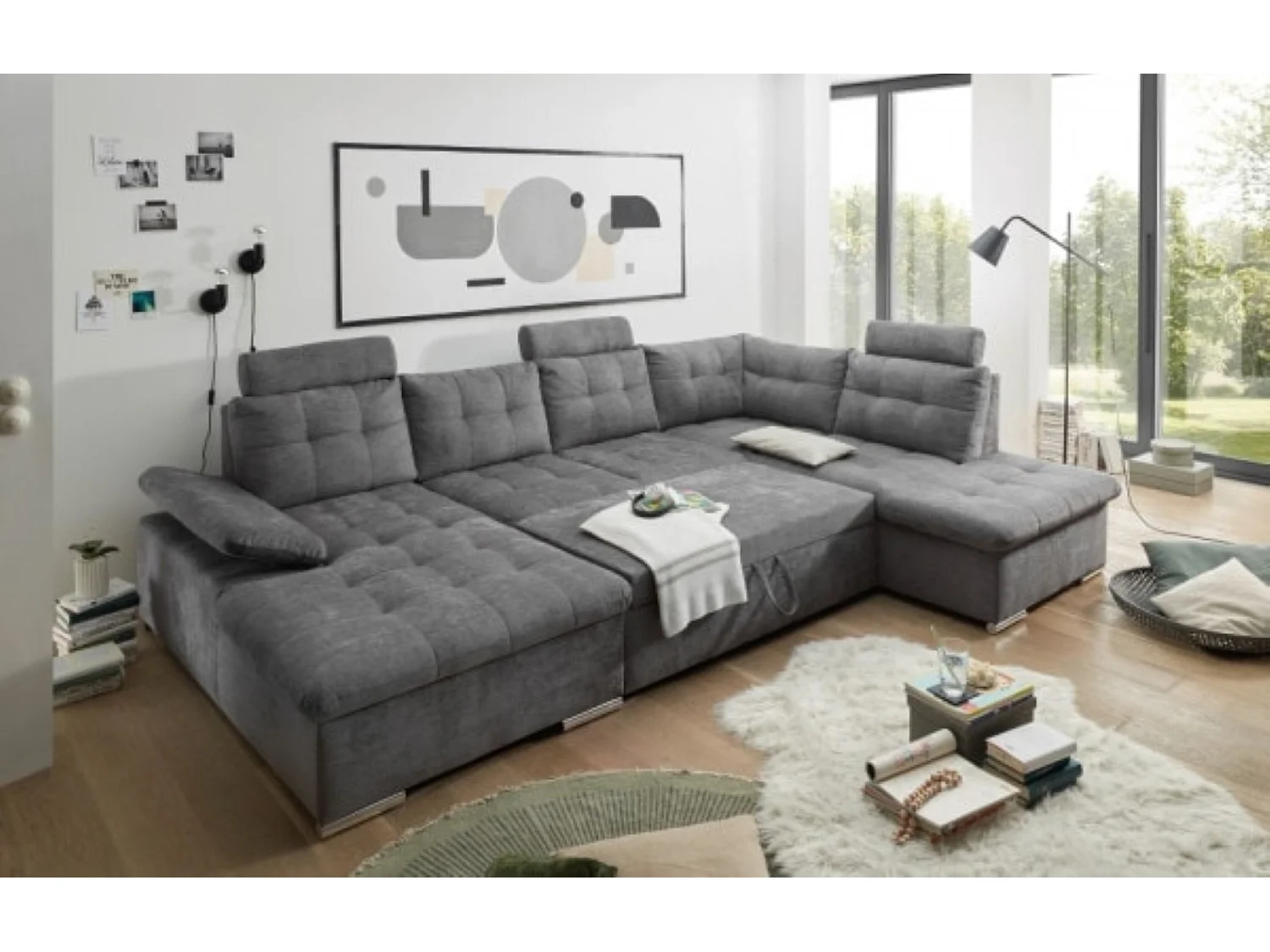 MYHOMELANDO Brest canapé panoramique – forme en U avec fonction couchage et coffre de rangement