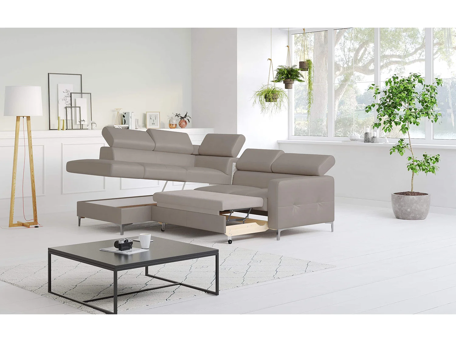 MYHOMELANDO Sammy echt leren hoekbank – L-vorm met slaapfunctie en opbergruimte