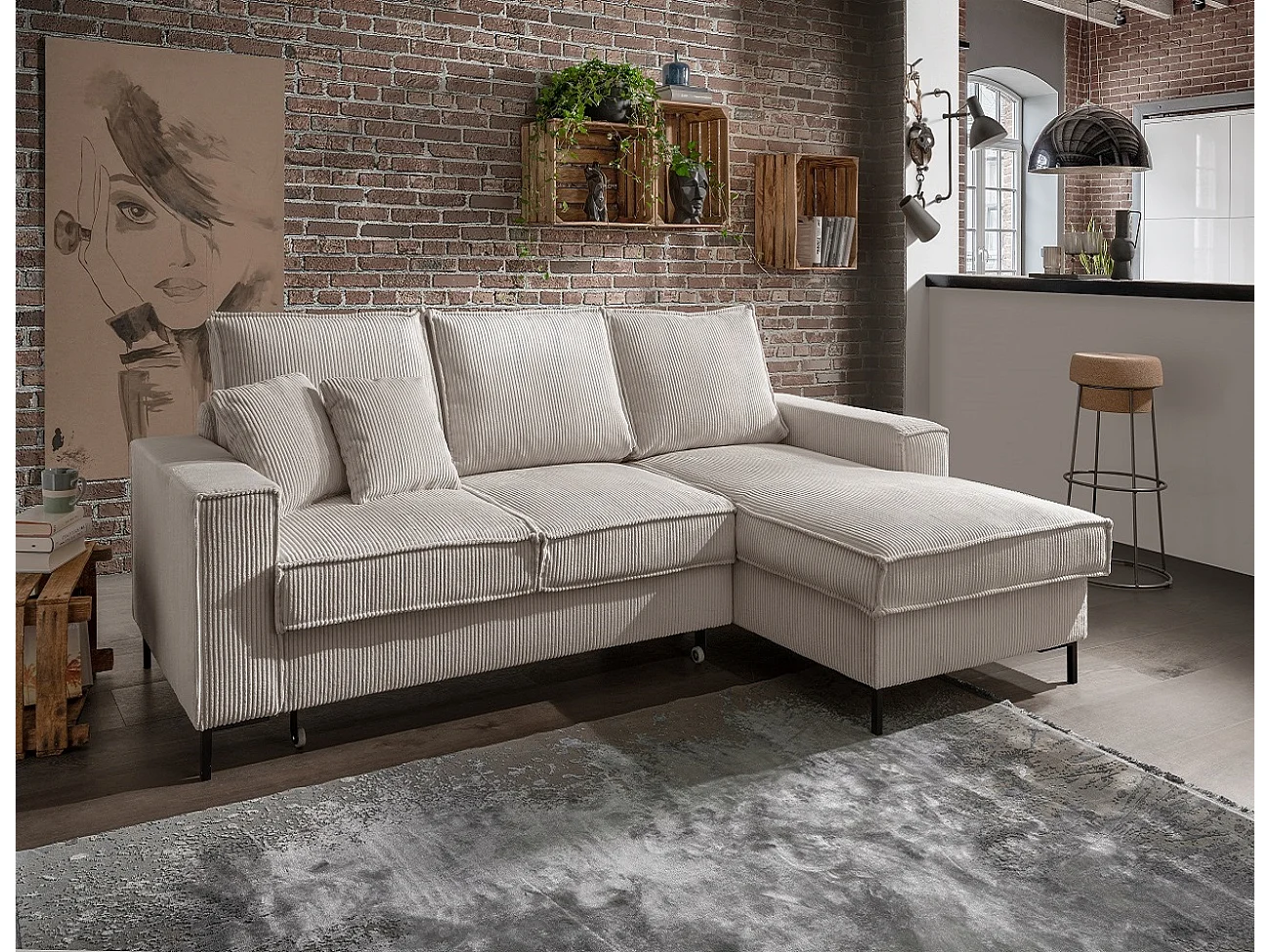 MYHOMELANDO Jerome hoekbank – L-vorm met slaapfunctie en opbergruimte, cordbekleding