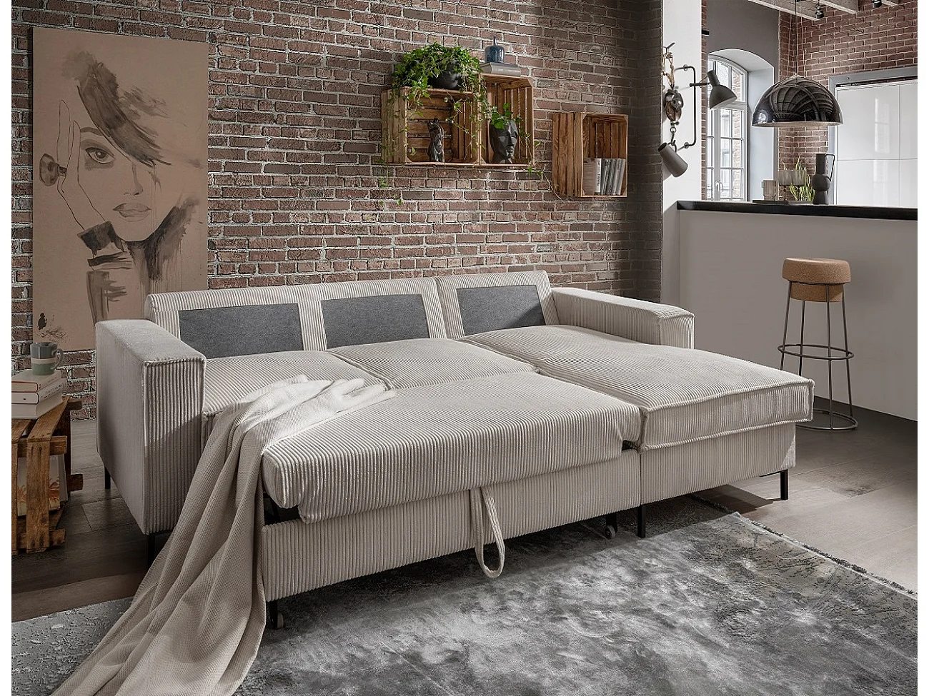 MYHOMELANDO Jerome hoekbank – L-vorm met slaapfunctie en opbergruimte, cordbekleding