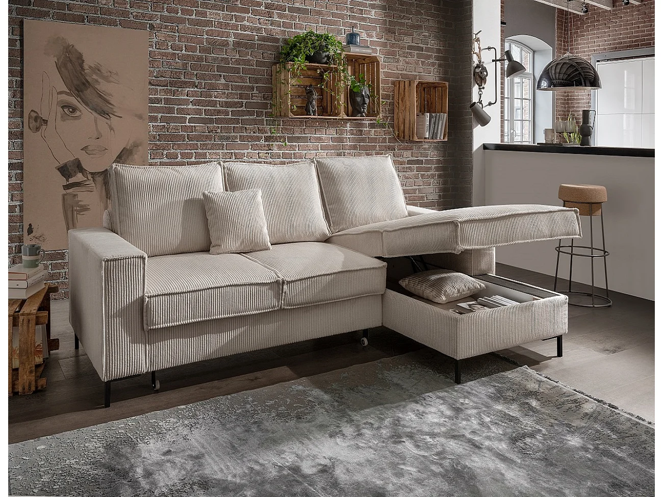 MYHOMELANDO Jerome hoekbank – L-vorm met slaapfunctie en opbergruimte, cordbekleding