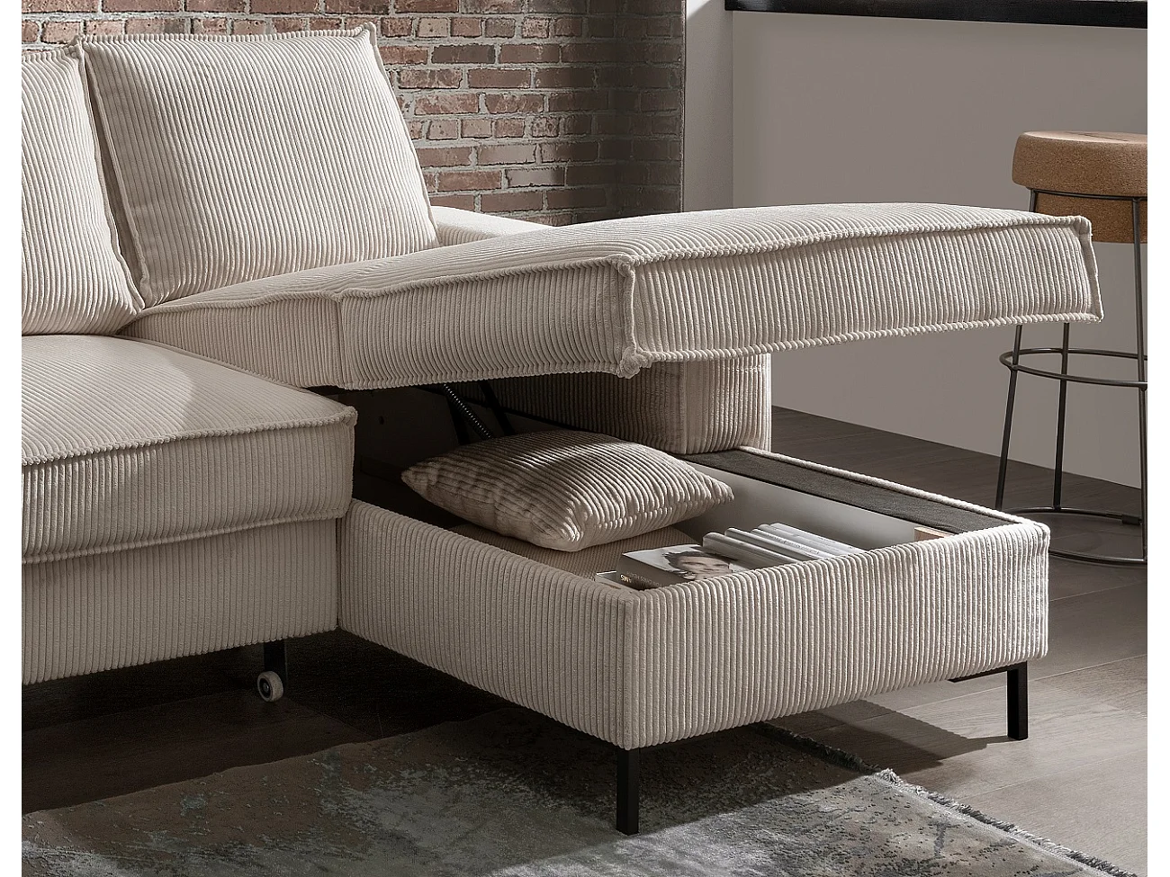 MYHOMELANDO Jerome hoekbank – L-vorm met slaapfunctie en opbergruimte, cordbekleding