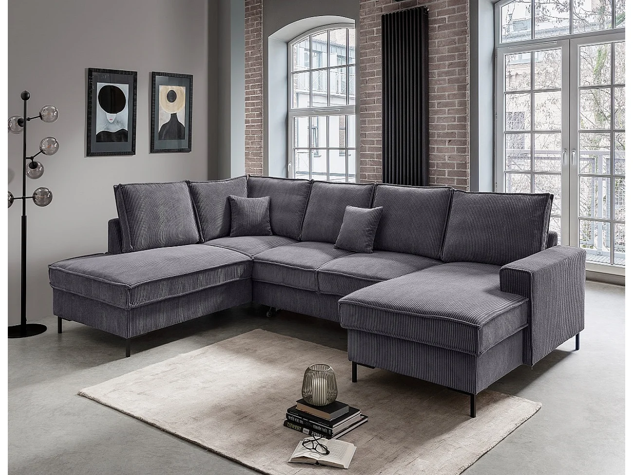 MYHOMELANDO Jerome Wohnlandschaft – U-Form Schlaffunktion und Bettkasten, Cordstoff