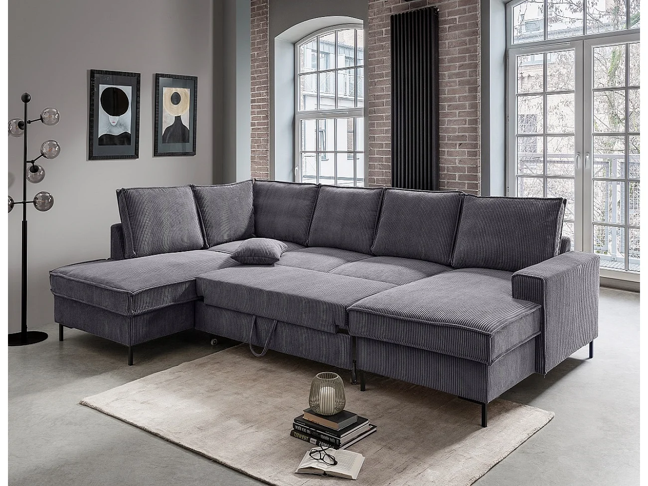 MYHOMELANDO Jerome Wohnlandschaft – U-Form Schlaffunktion und Bettkasten, Cordstoff