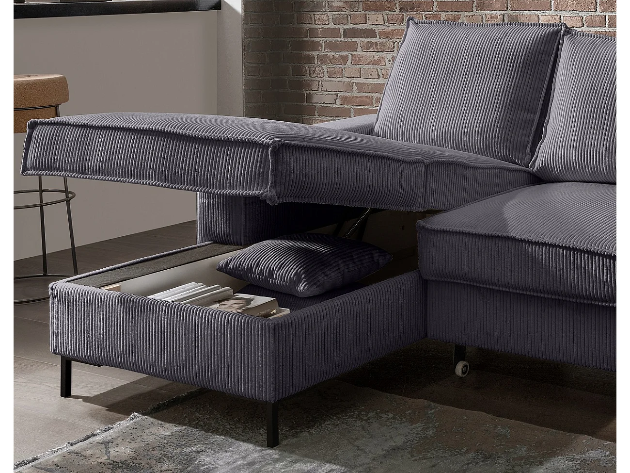 MYHOMELANDO Jerome Wohnlandschaft – U-Form Schlaffunktion und Bettkasten, Cordstoff