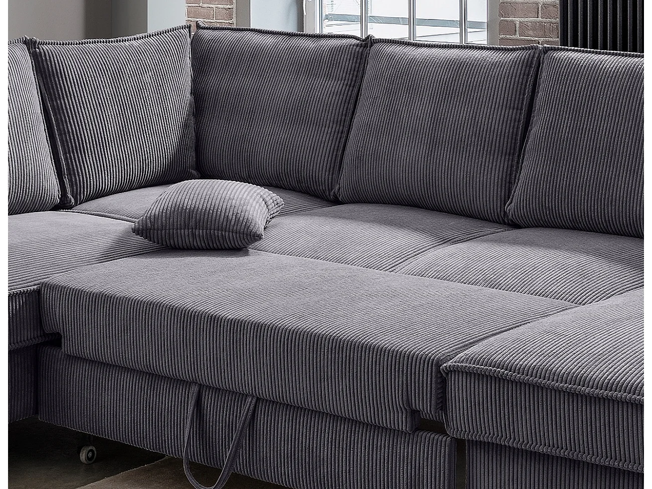 MYHOMELANDO Jerome Wohnlandschaft – U-Form Schlaffunktion und Bettkasten, Cordstoff