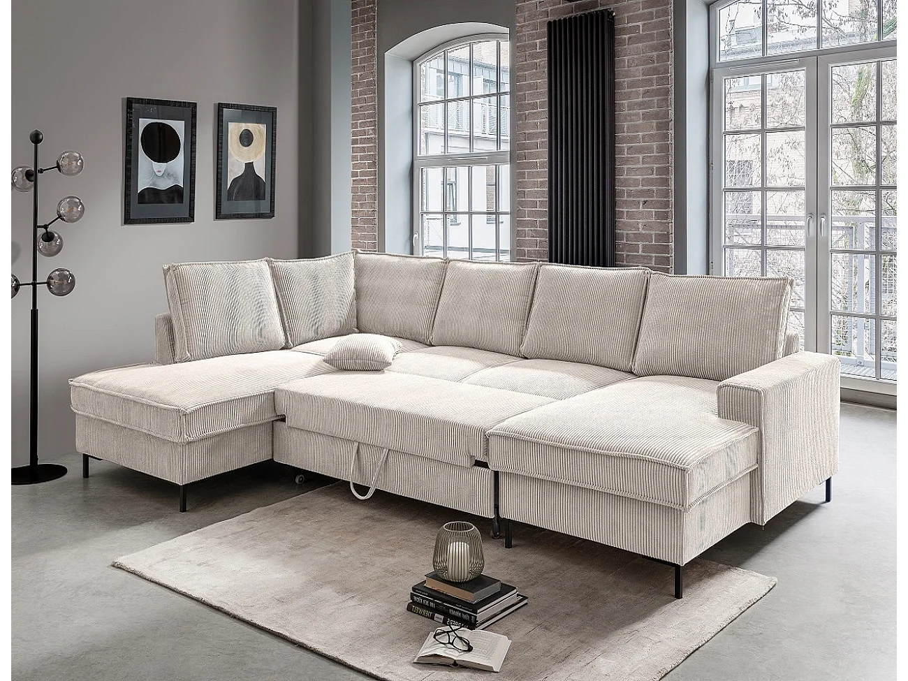 MYHOMELANDO Jerome Wohnlandschaft – U-Form Schlaffunktion und Bettkasten, Cordstoff