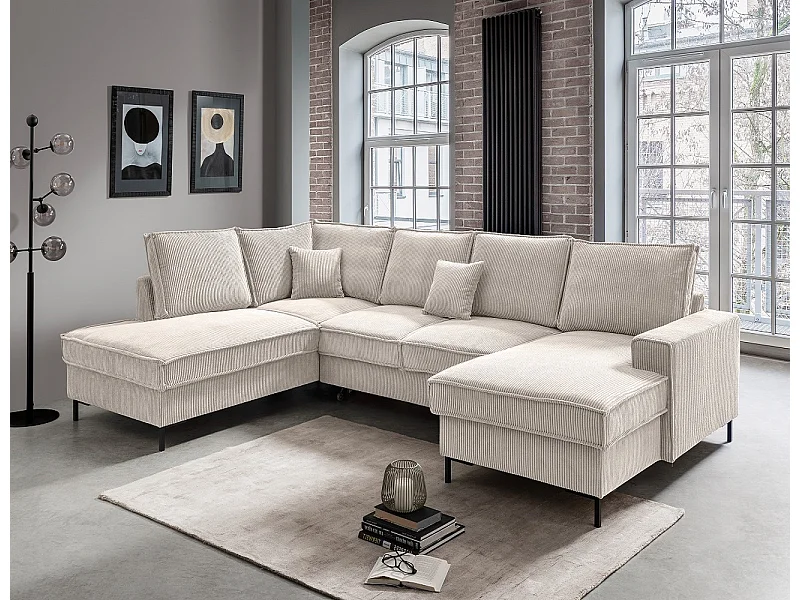 MYHOMELANDO Jerome canapé panoramique – forme en U avec fonction couchage et coffre de rangement, tissu velours côtelé