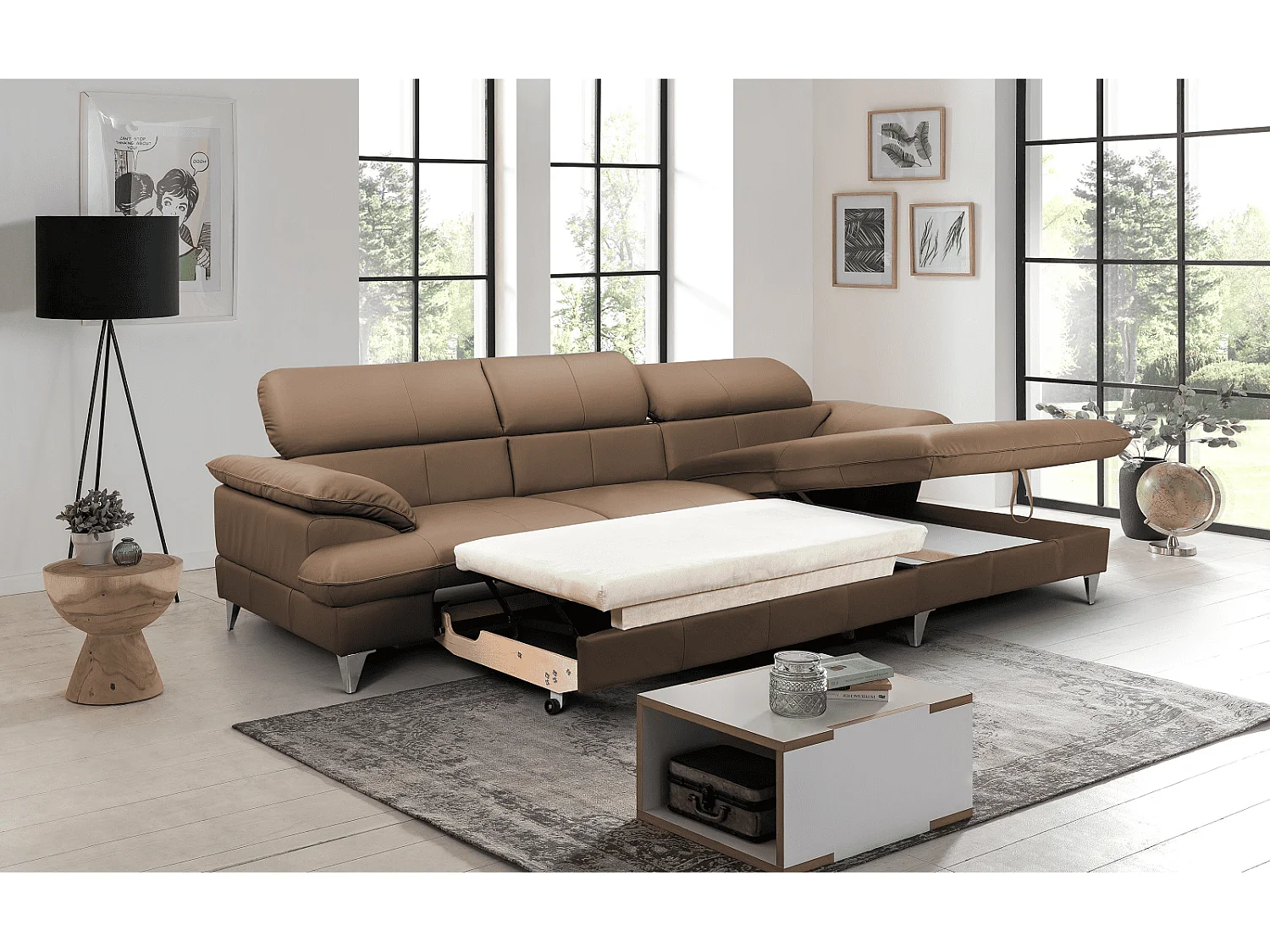 MYHOMELANDO David hoekbank echt leer – L-vorm met slaapfunctie, opbergruimte en verstelbare hoofdsteunen