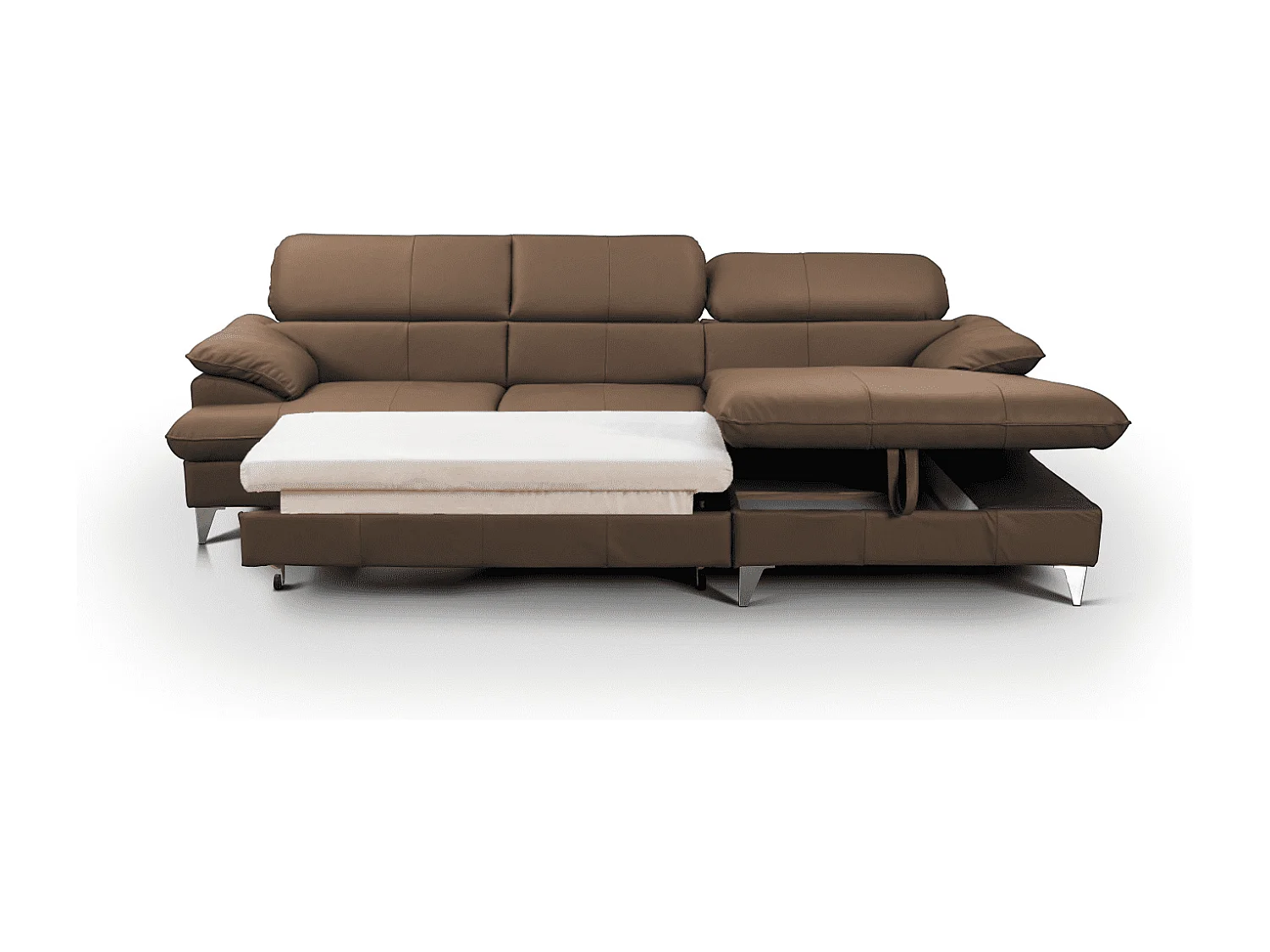 MYHOMELANDO David hoekbank echt leer – L-vorm met slaapfunctie, opbergruimte en verstelbare hoofdsteunen