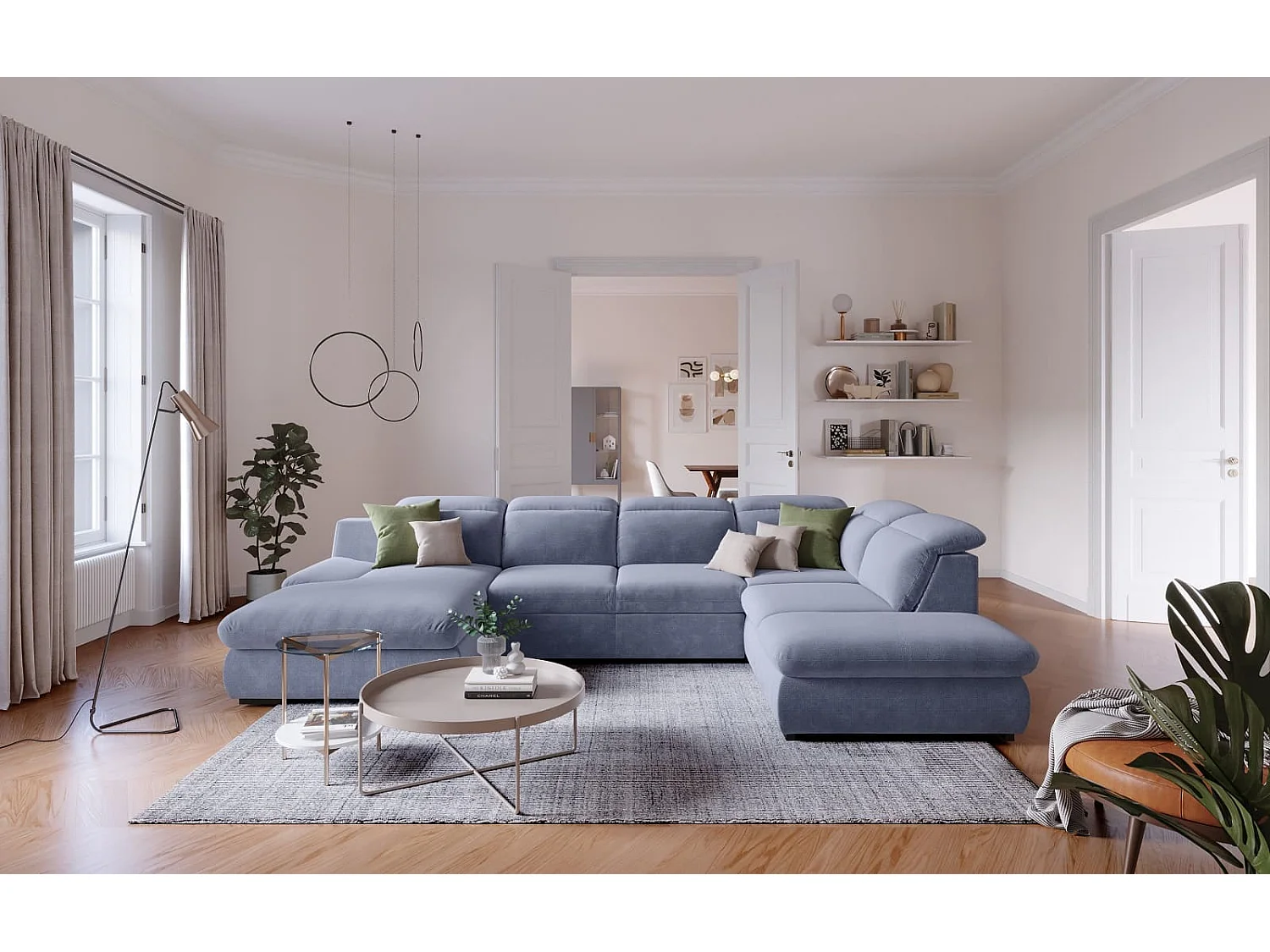 MYHOMELANDO Lorena canapé panoramique – forme en U avec fonction couchage et coffre de rangement