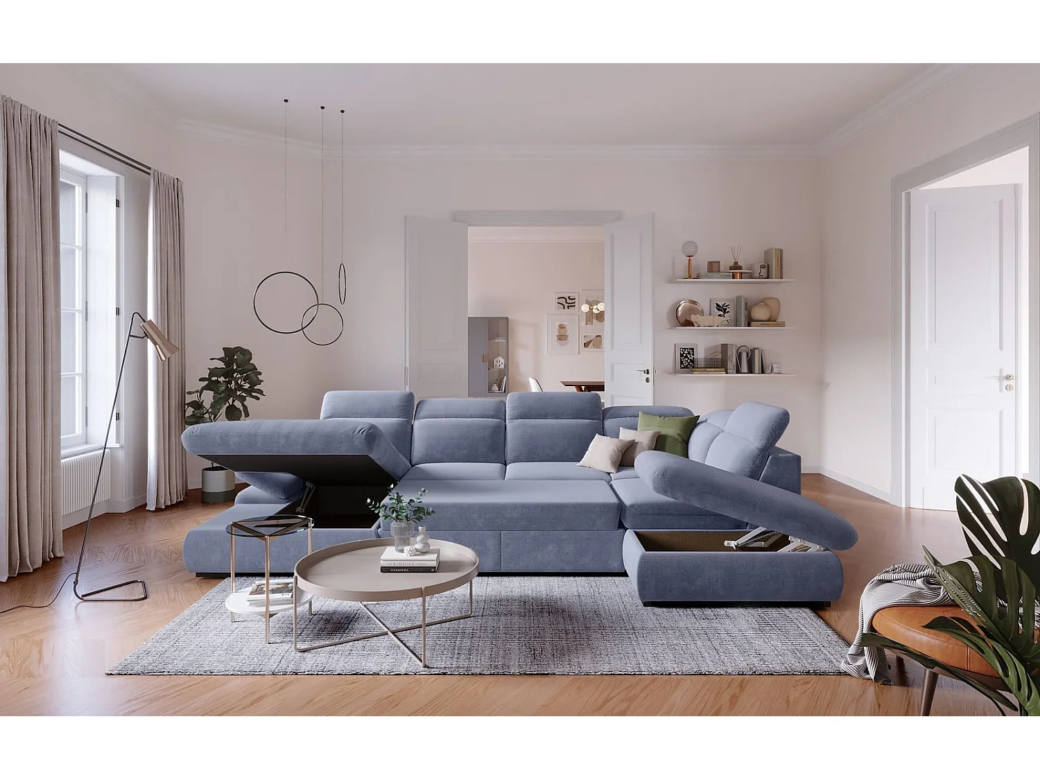 MYHOMELANDO Lorena canapé panoramique – forme en U avec fonction couchage et coffre de rangement