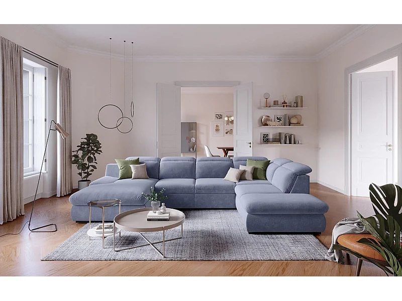 MYHOMELANDO Lorena canapé panoramique – forme en U avec fonction couchage et coffre de rangement