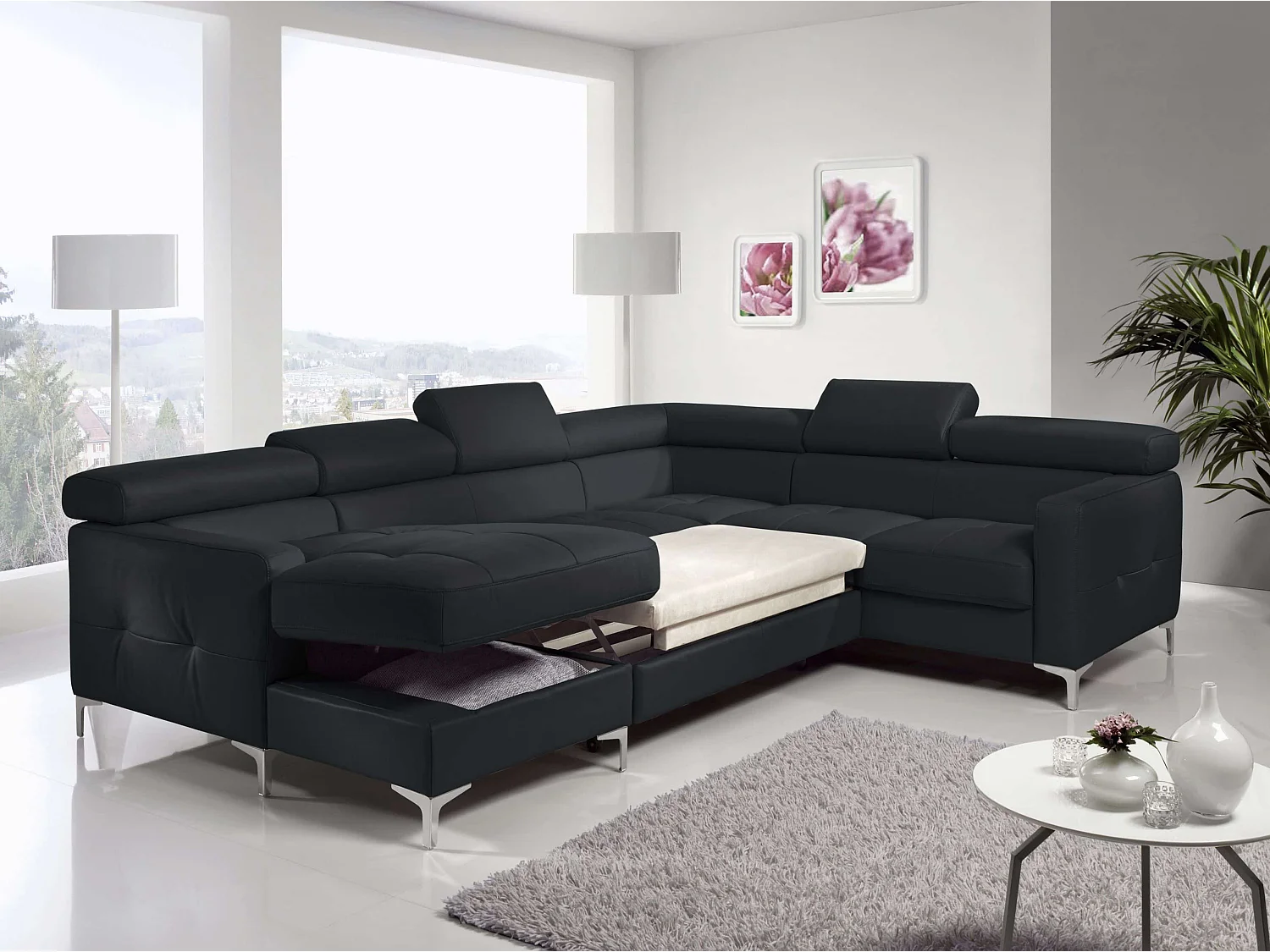 MYHOMELANDO Sammy Echtleder Wohnlandschaft – U-Form mit Schlaffunktion, Bettkasten und verstellbaren Kopfstützen