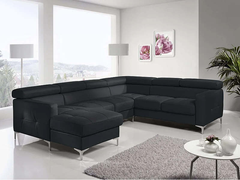 MYHOMELANDO Sammy Echtleder Wohnlandschaft – U-Form mit Schlaffunktion, Bettkasten und verstellbaren Kopfstützen