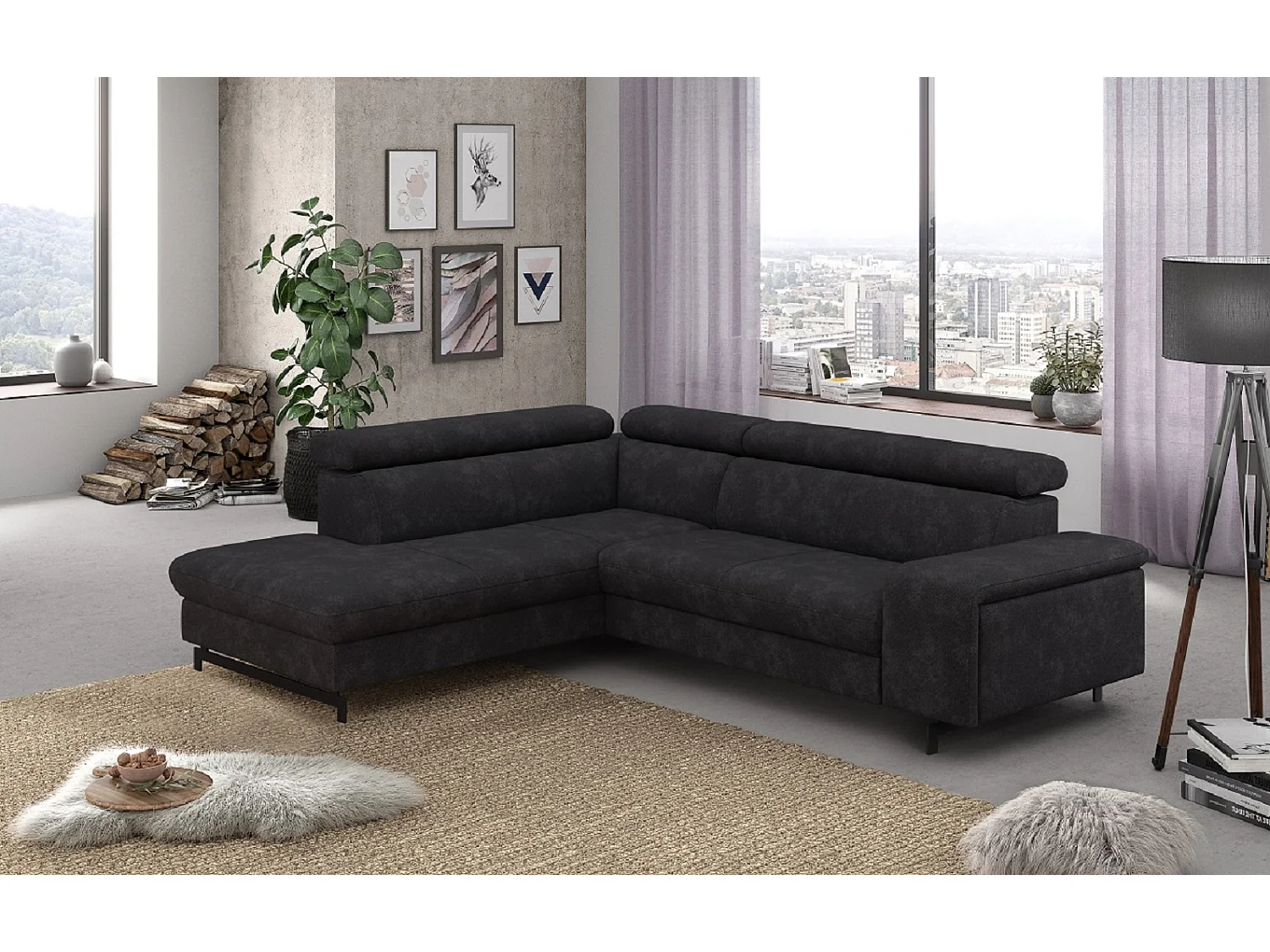 MYHOMELANDO Emma hoekbank – L-vorm met slaapfunctie en opbergruimte, verstelbare hoofdsteunen