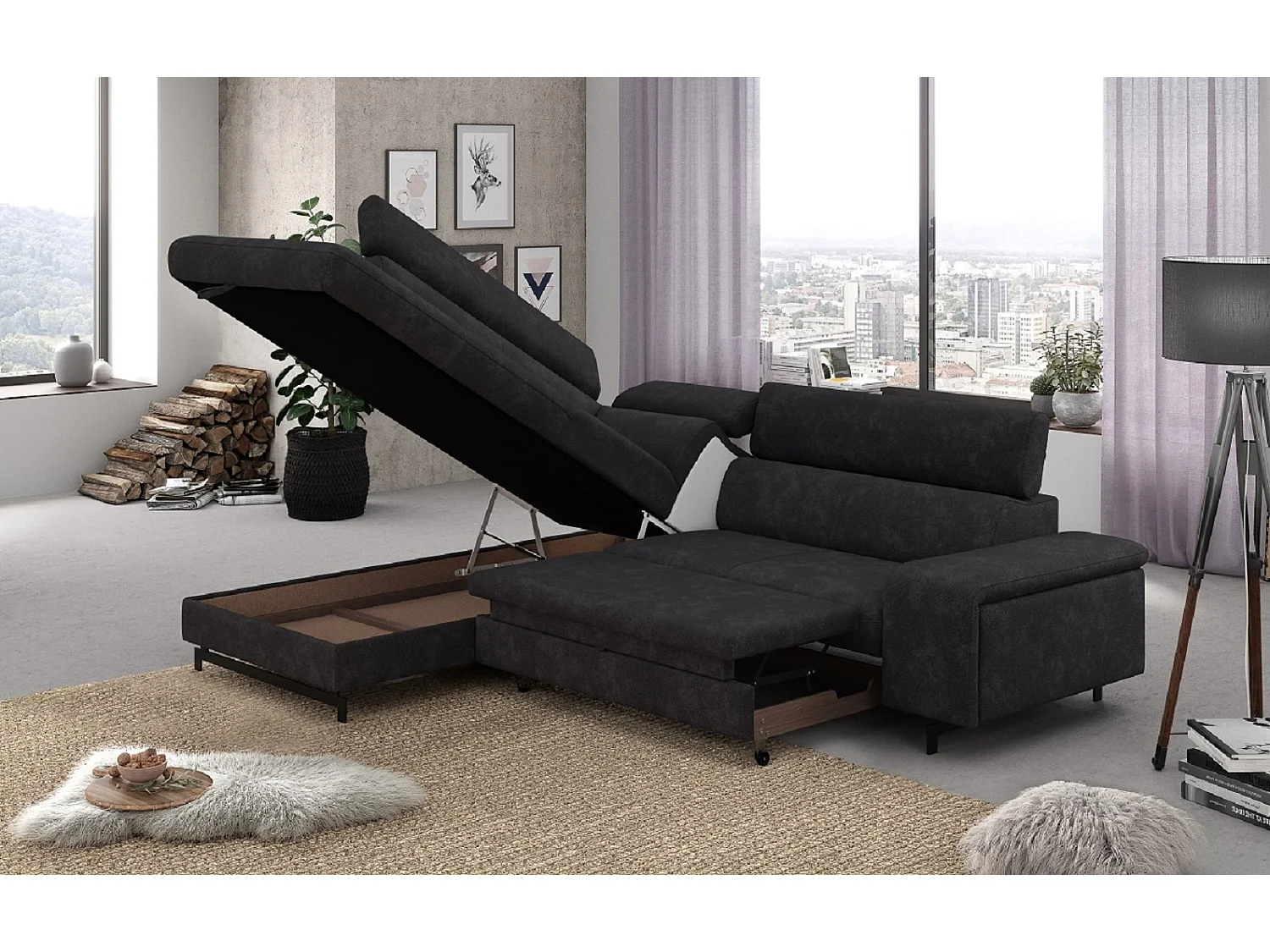 MYHOMELANDO Emma hoekbank – L-vorm met slaapfunctie en opbergruimte, verstelbare hoofdsteunen