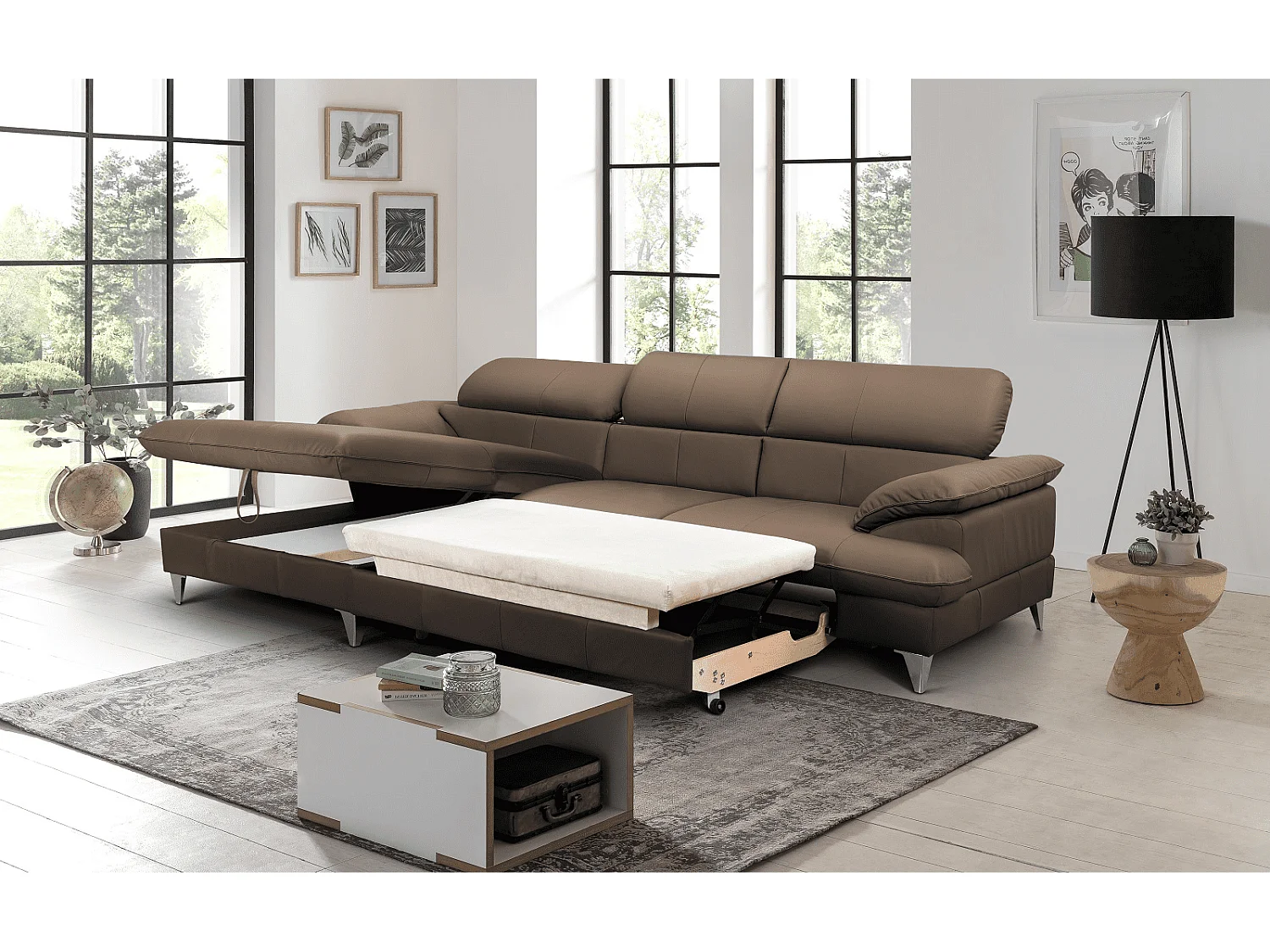 MYHOMELANDO David Ecksofa Echtleder – L-Form mit Schlaffunktion, Bettkasten und verstellbaren Kopfstützen