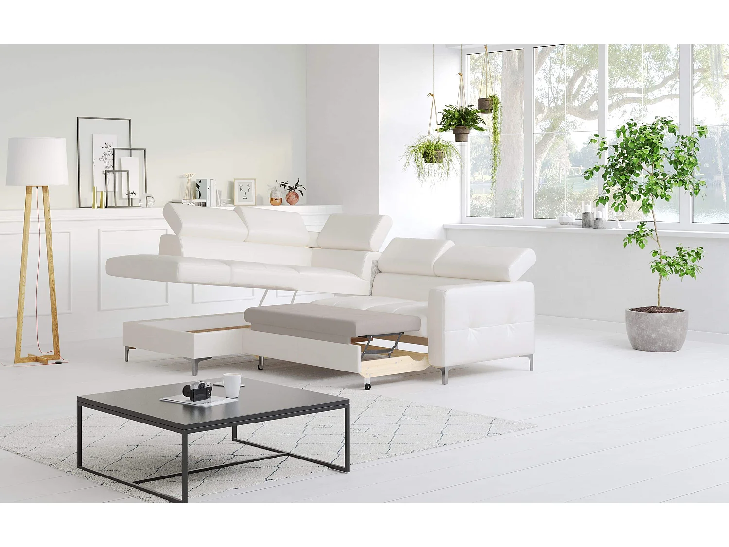 MYHOMELANDO Sammy echt leren hoekbank – L-vorm met slaapfunctie en opbergruimte