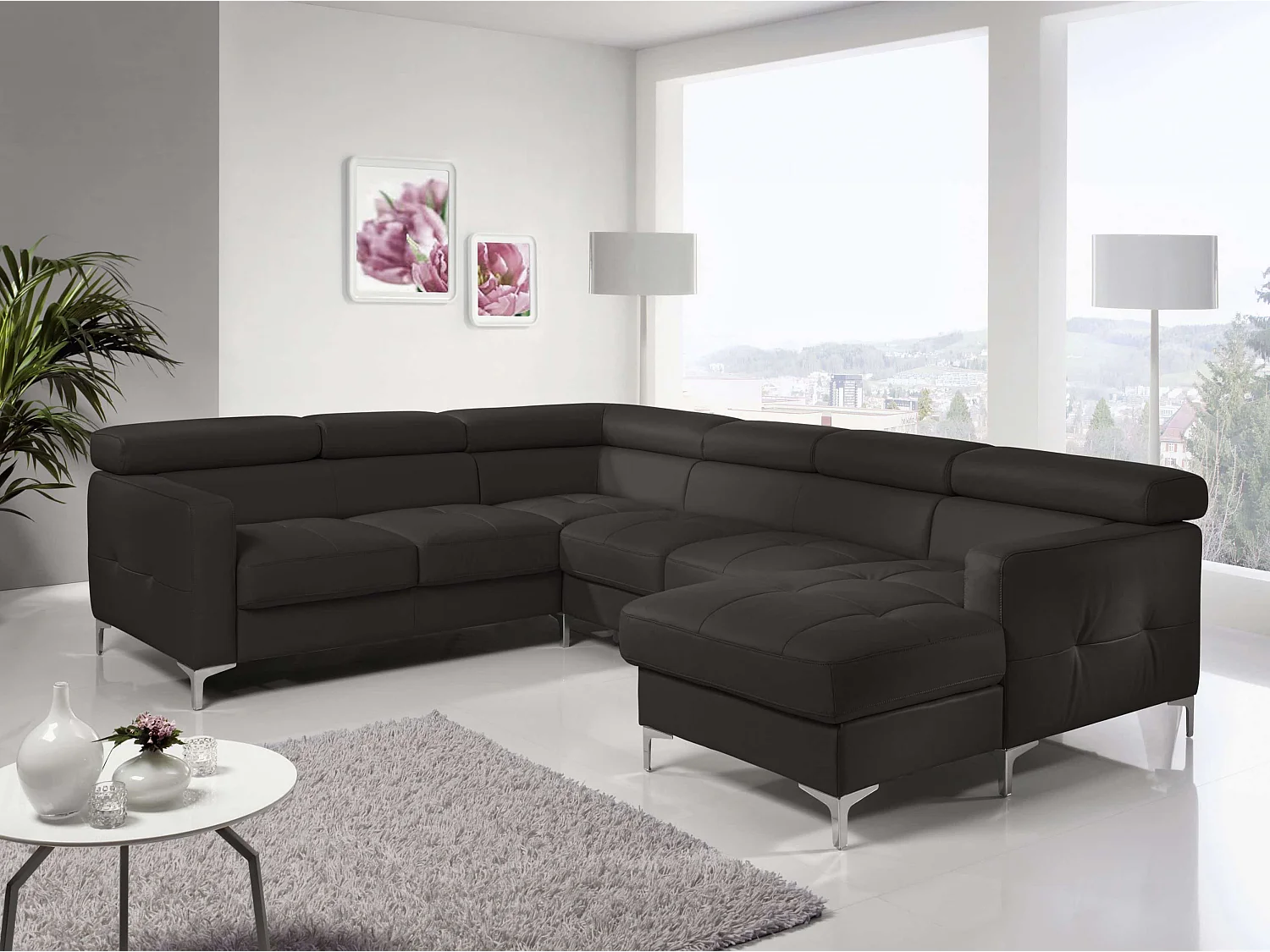 MYHOMELANDO Sammy Echtleder Wohnlandschaft – U-Form mit Schlaffunktion, Bettkasten und verstellbaren Kopfstützen