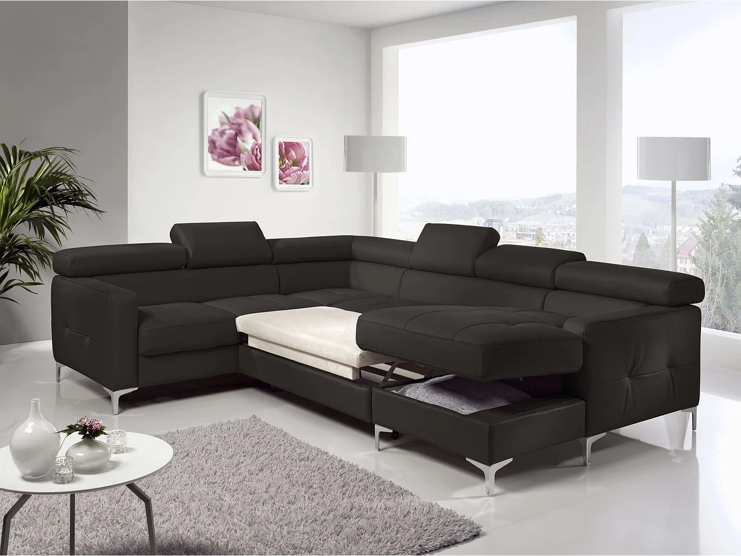 MYHOMELANDO Sammy Echtleder Wohnlandschaft – U-Form mit Schlaffunktion, Bettkasten und verstellbaren Kopfstützen