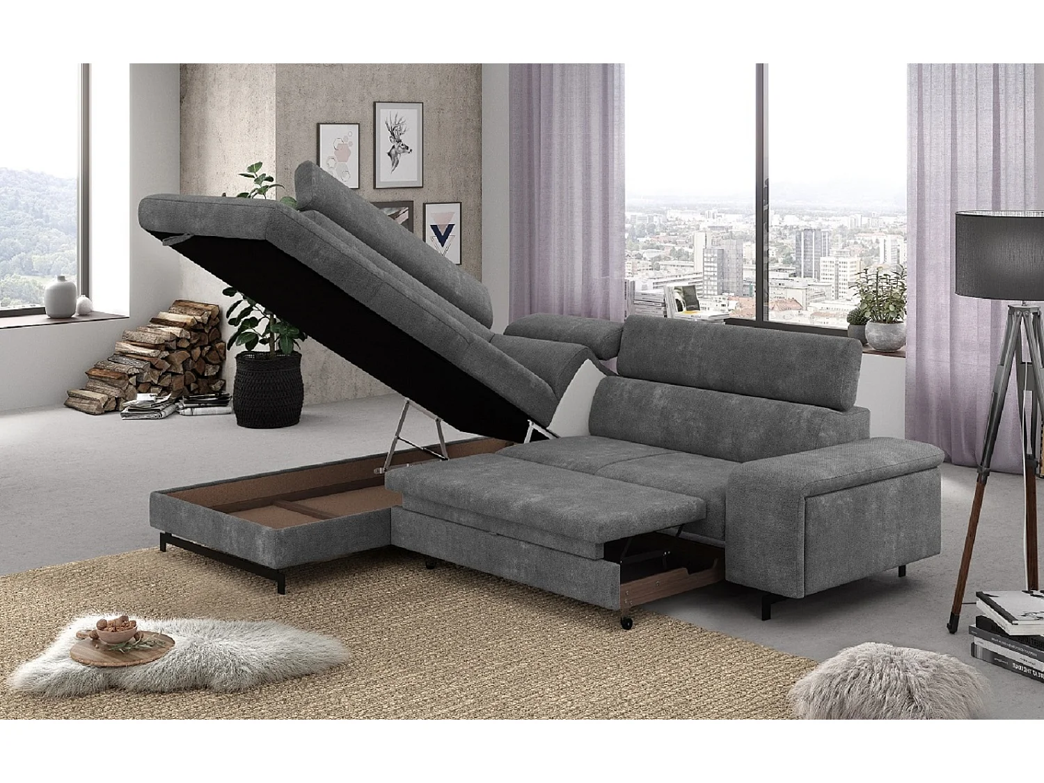 MYHOMELANDO Emma hoekbank – L-vorm met slaapfunctie en opbergruimte, verstelbare hoofdsteunen