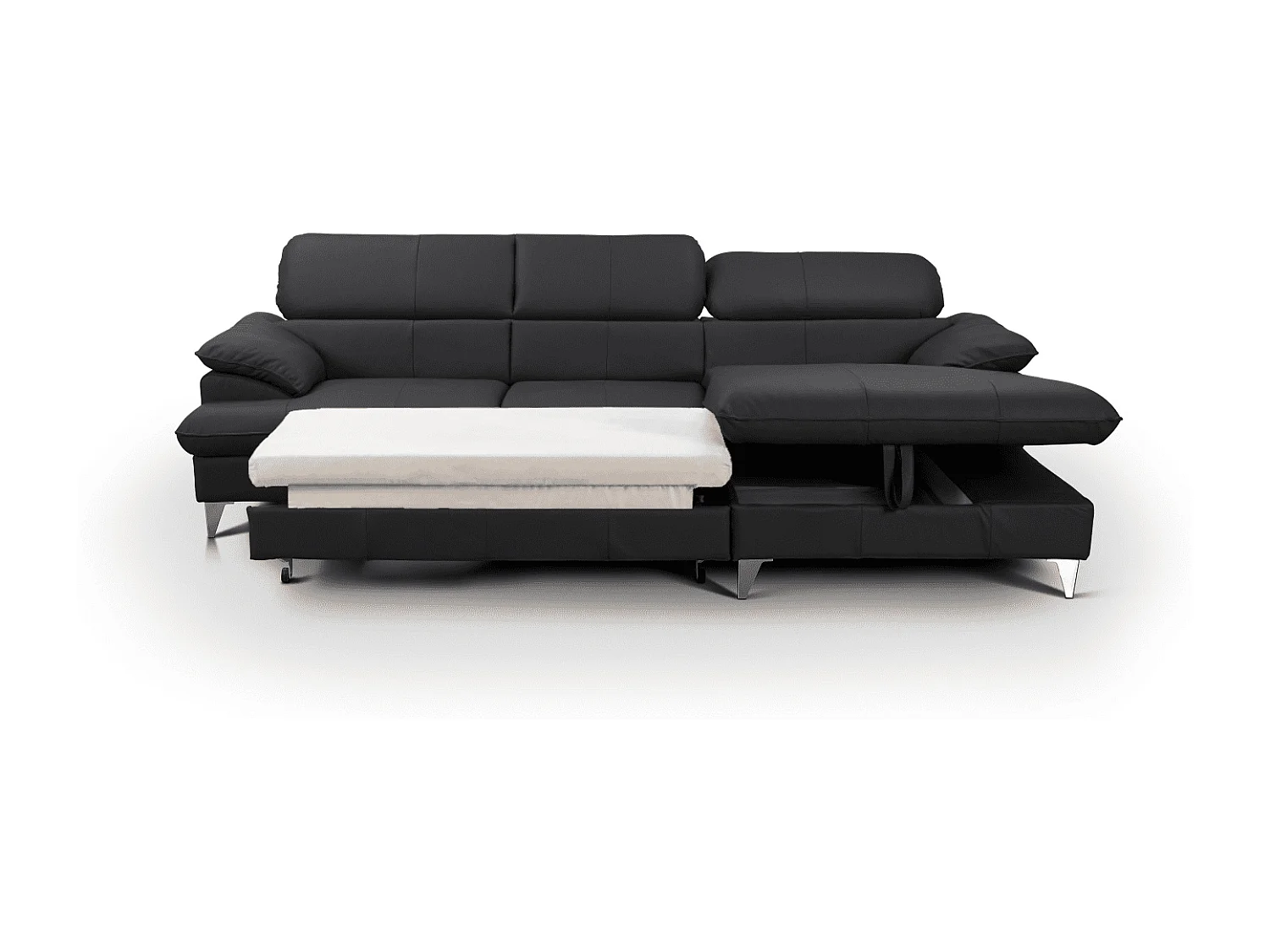 MYHOMELANDO David hoekbank echt leer – L-vorm met slaapfunctie, opbergruimte en verstelbare hoofdsteunen