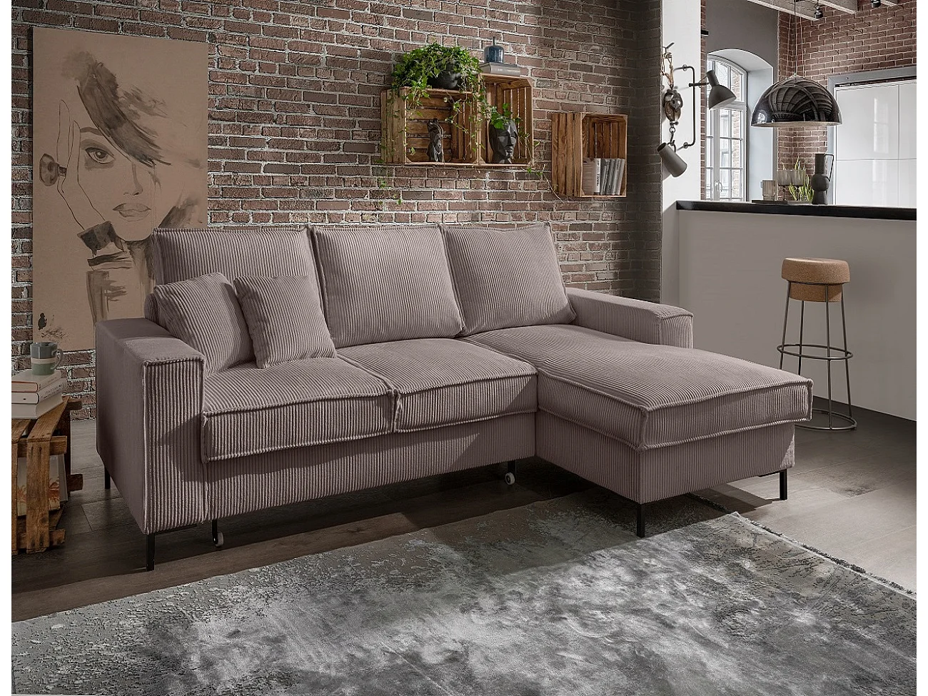 MYHOMELANDO Jerome hoekbank – L-vorm met slaapfunctie en opbergruimte, cordbekleding