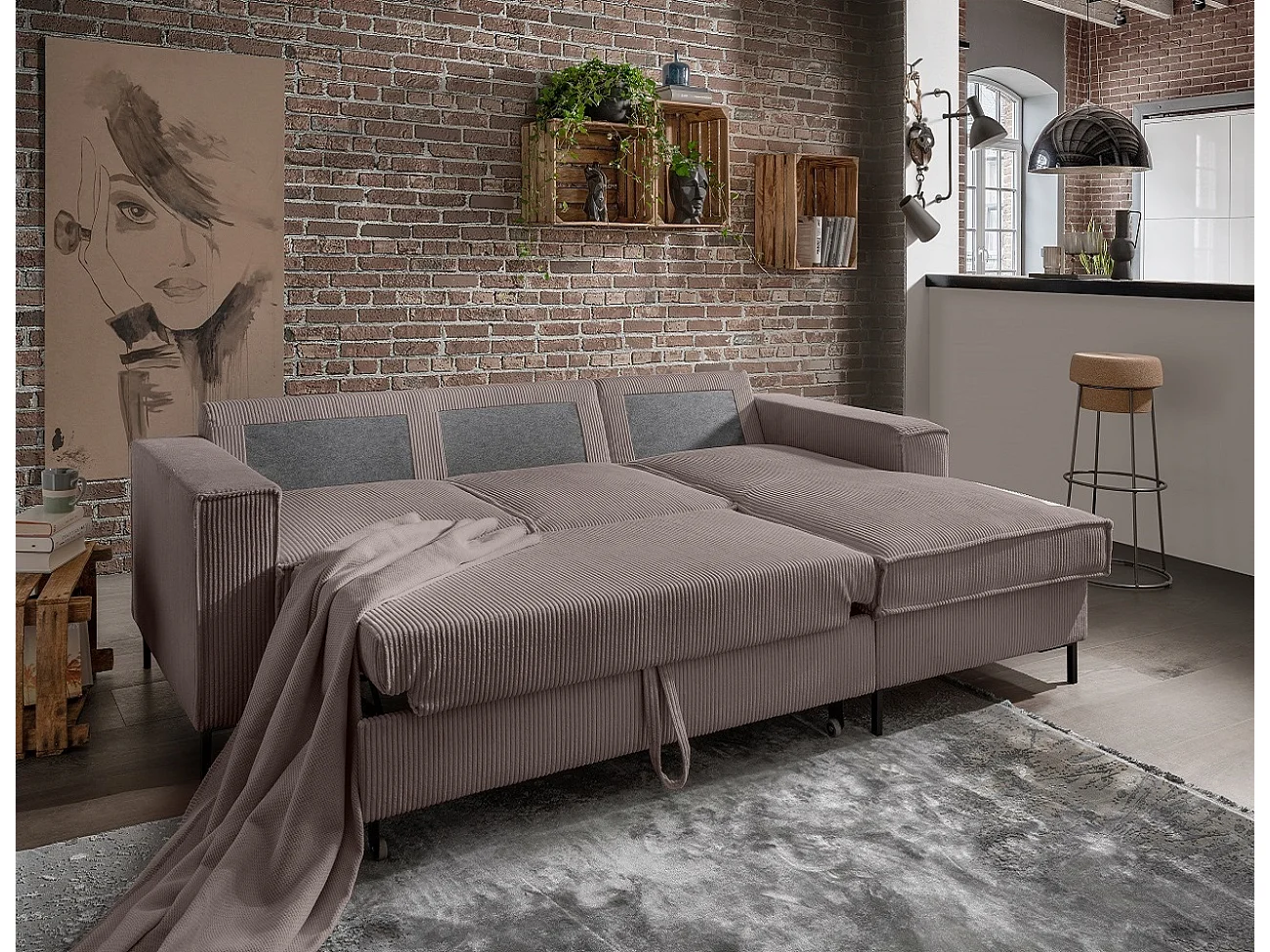 MYHOMELANDO Jerome hoekbank – L-vorm met slaapfunctie en opbergruimte, cordbekleding